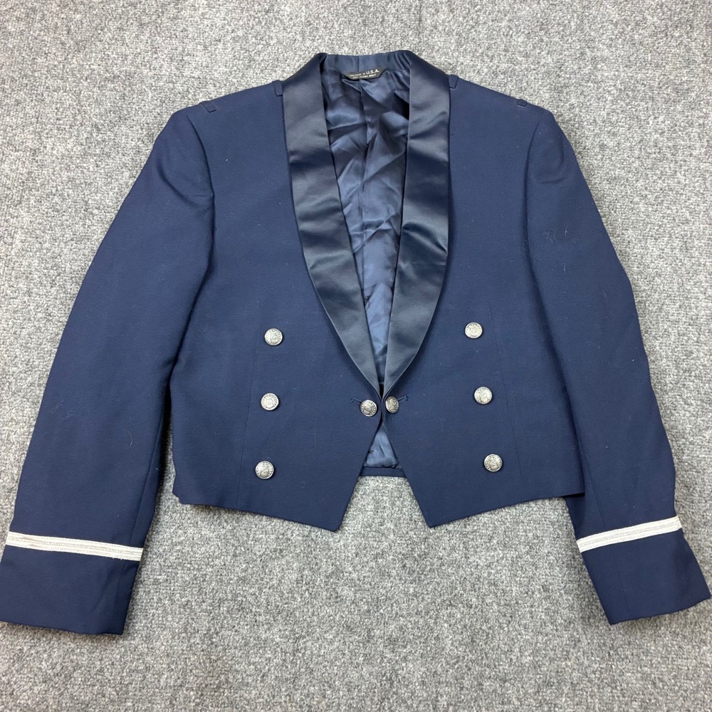 Vintage US Air Force Mess Dress Jacket Navy Satin Lapel Silver Crest Buttons